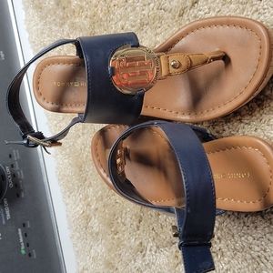 TOMMY HILFIGGER, upper blue leather and metal with logo, wedge sandals size 6M